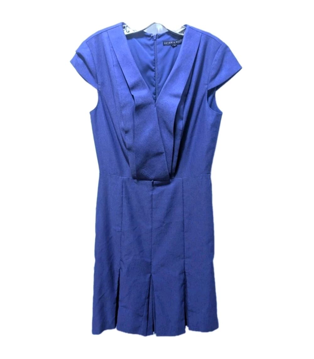 Antonio Melani Sheath Dress Blue Pleated Short Sleeves Business Cocktail Size 8